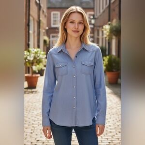 Angie Chambray Denim Button Up Shirt Size L Long Sleeve Western Yoke